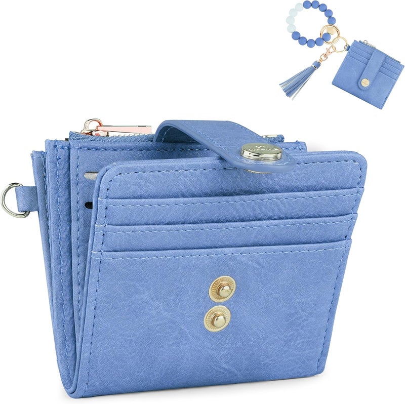 Sunpour Small Wristlet Wallets for Women Keychain Wristlet Wallet RFID Blocking Key Chain Wallet With Zipper Coin Pocket,2 Id Window (Blue) - Image 1